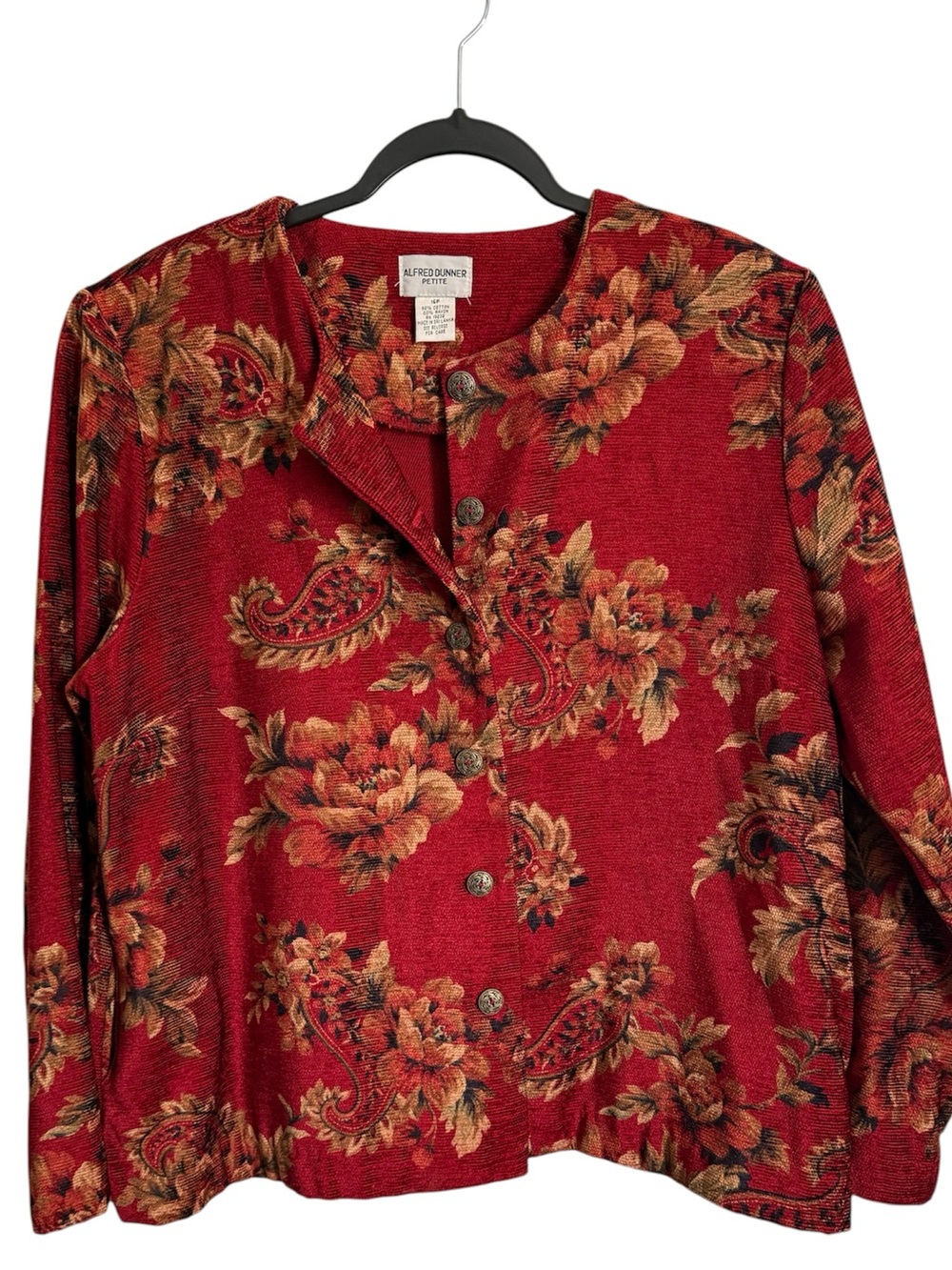 Vintage Alfred Dunner Red and Brown Floral Tapestry Button-Front Petite Jacket